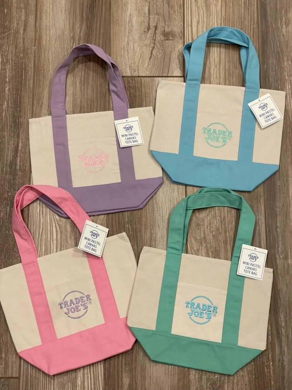 Trader Joe's 5 Pastel Canvas Tote Bag BUNDLE ~ 1 Large 💜 4 Minis 💜🩷🩵💚 NWT - Picture 7 of 10